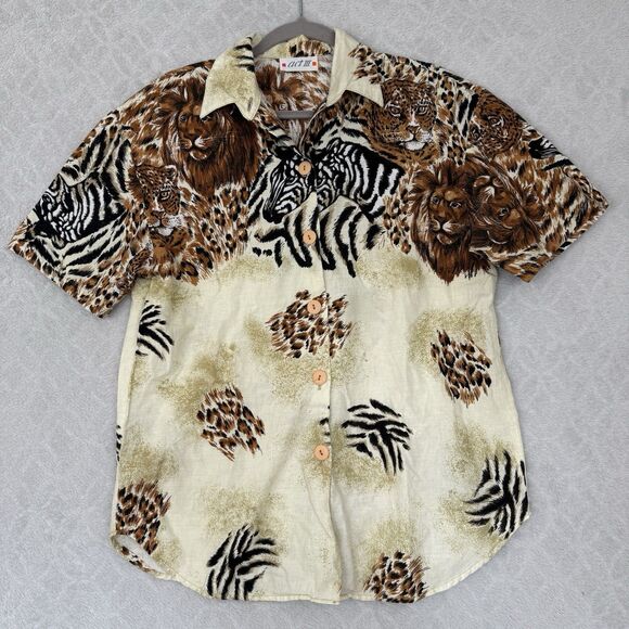 Vtg Button Up Shirt Womens M? Safari Lion Tiger King Mobwife Punk Grunge 80s 90s - Picture 1 of 11
